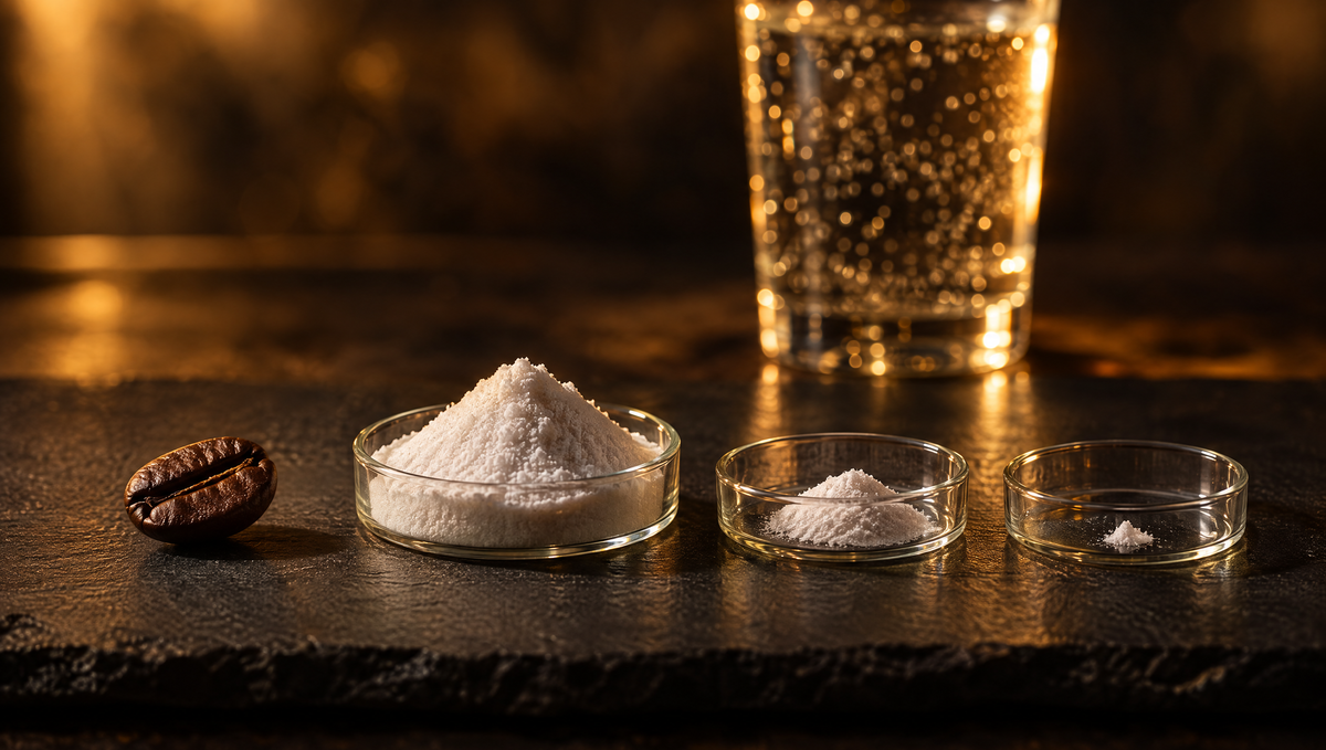 One coffee bean beside three dishes of powder in falling amounts, a glass of sparkling water behind