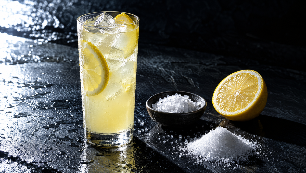 Tall glass of iced lemon drink on wet slate beside a bowl of sea salt, a halved lemon and a pile of mineral crystals