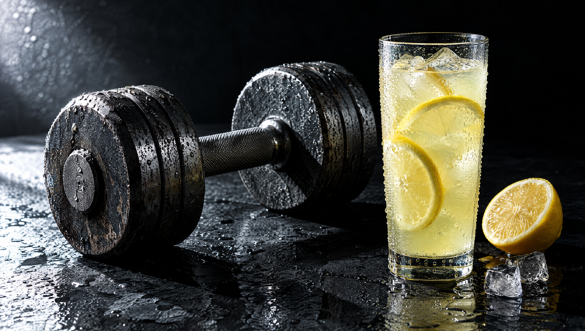 A heavy steel dumbbell on wet dark slate beside a tall glass of iced lemon drink