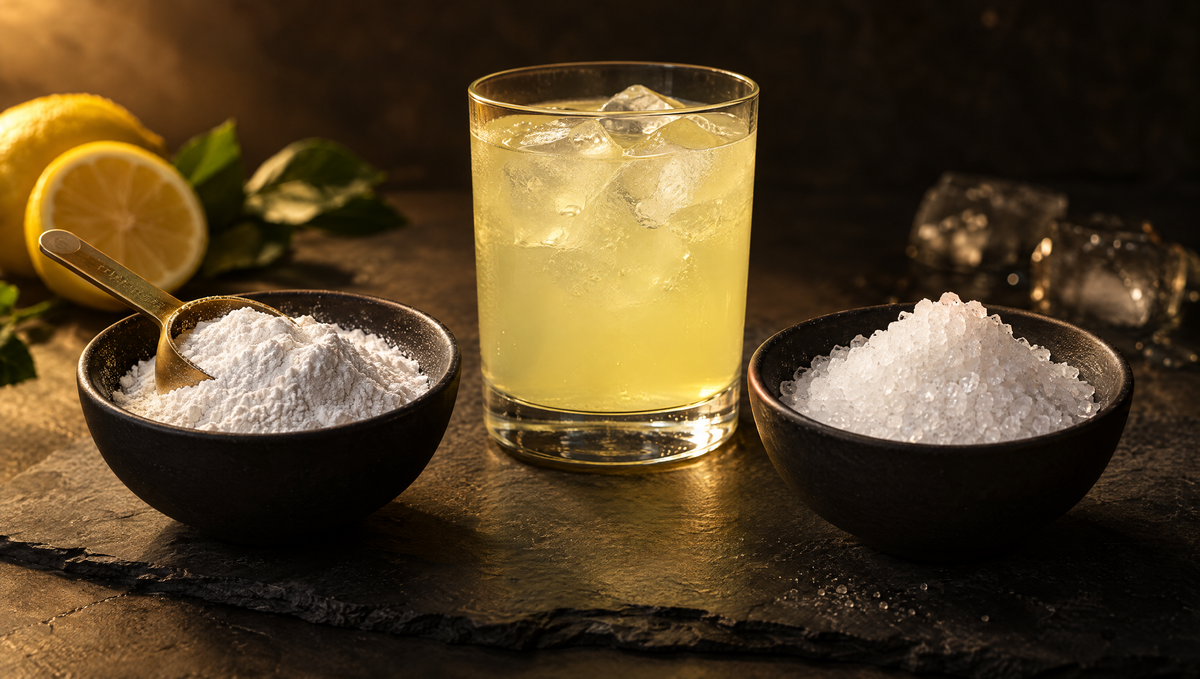 Two bowls on slate, creatine powder and ketone salt, with a glass of lemon drink between them