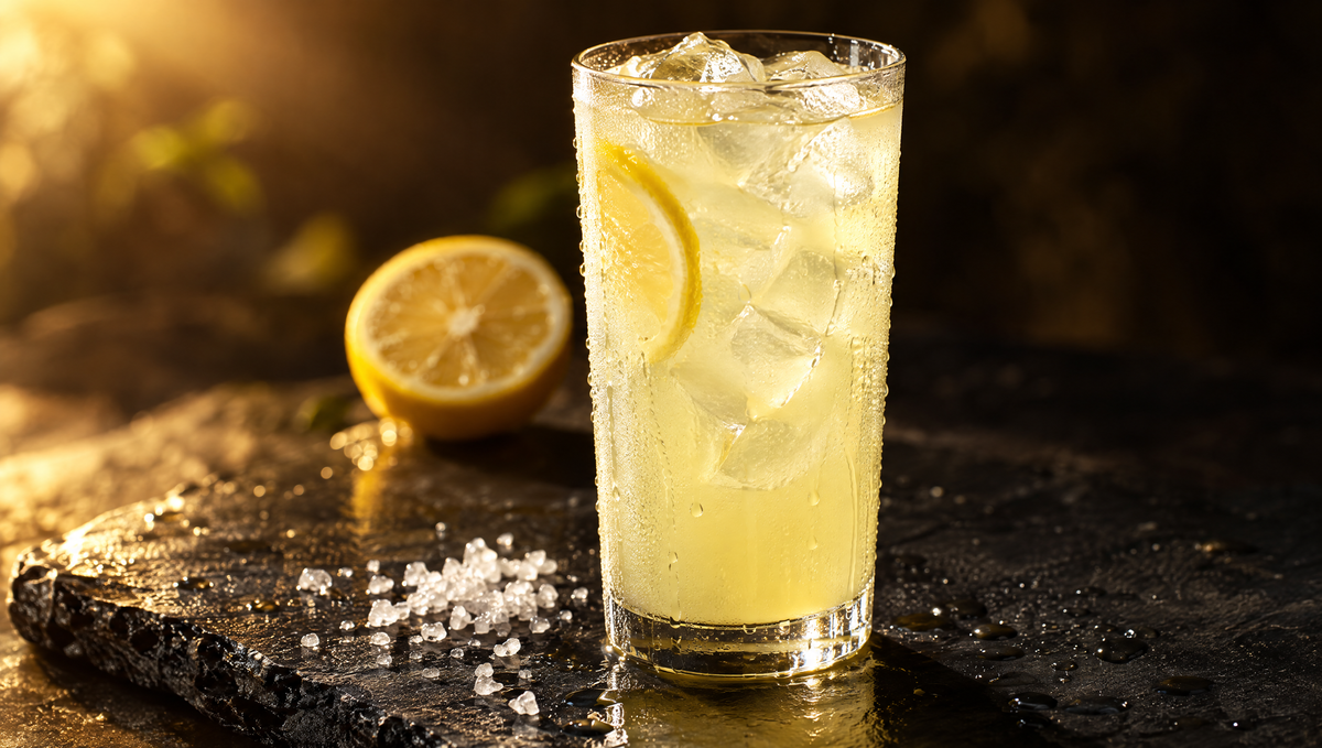 Tall glass of iced lemon drink on wet slate with sea salt and a halved lemon