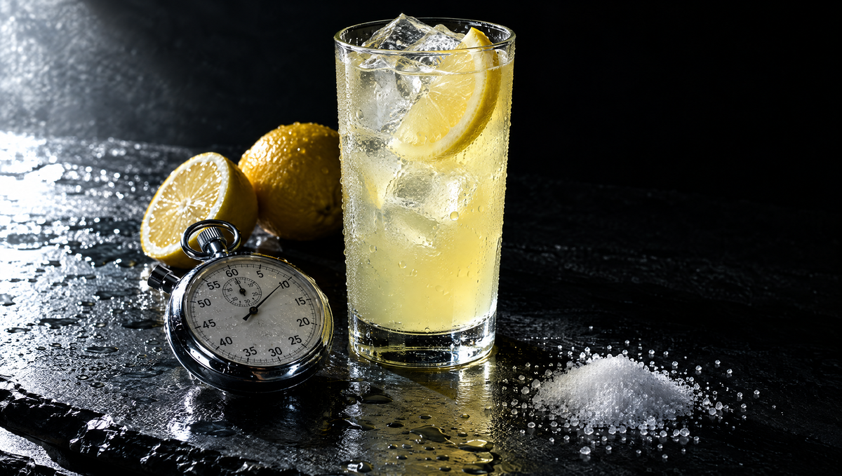 A chrome stopwatch on wet dark slate beside a tall glass of iced lemon drink and a scattered pile of mineral crystals