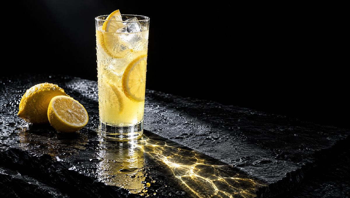 A tall glass of iced lemon drink on wet dark slate with a shaft of light casting a bright caustic pattern across the stone