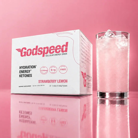 Godspeed Strawberry Lemon box beside a tall glass of pink iced drink