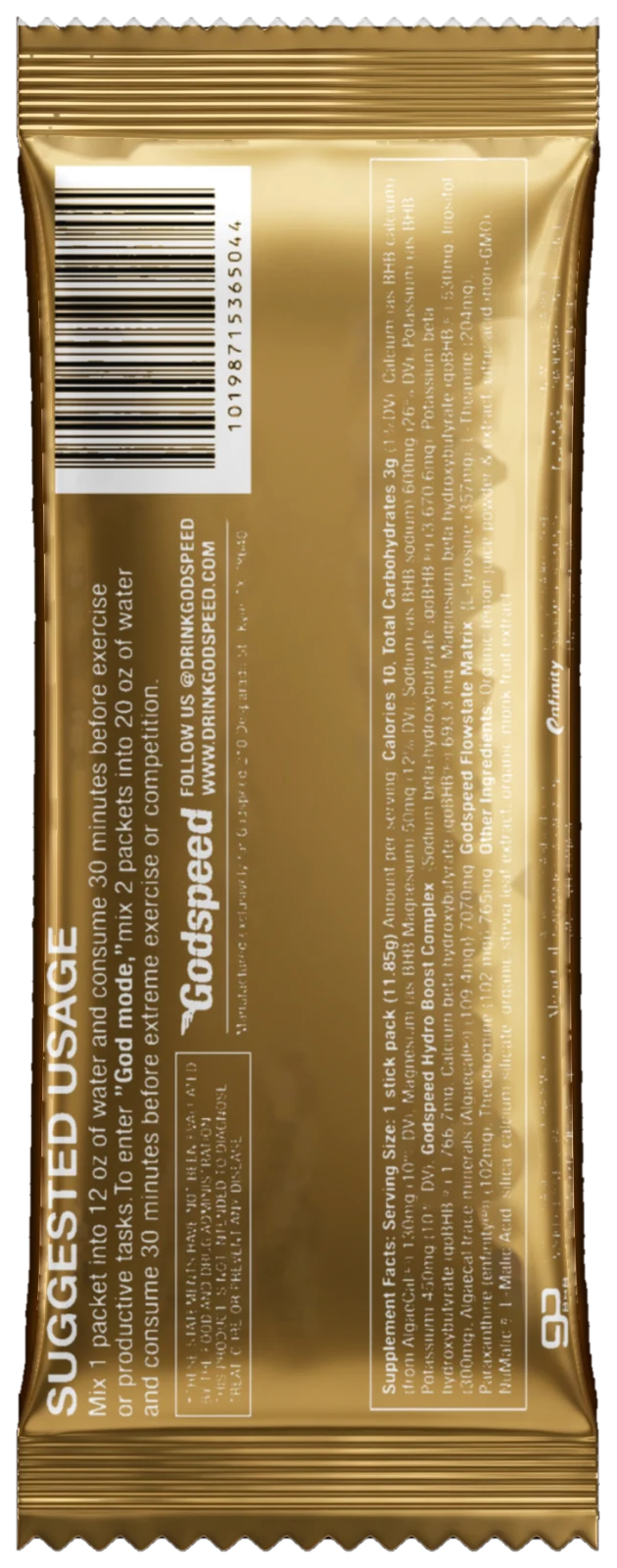 Godspeed Lemon stick pack, back with supplement facts
